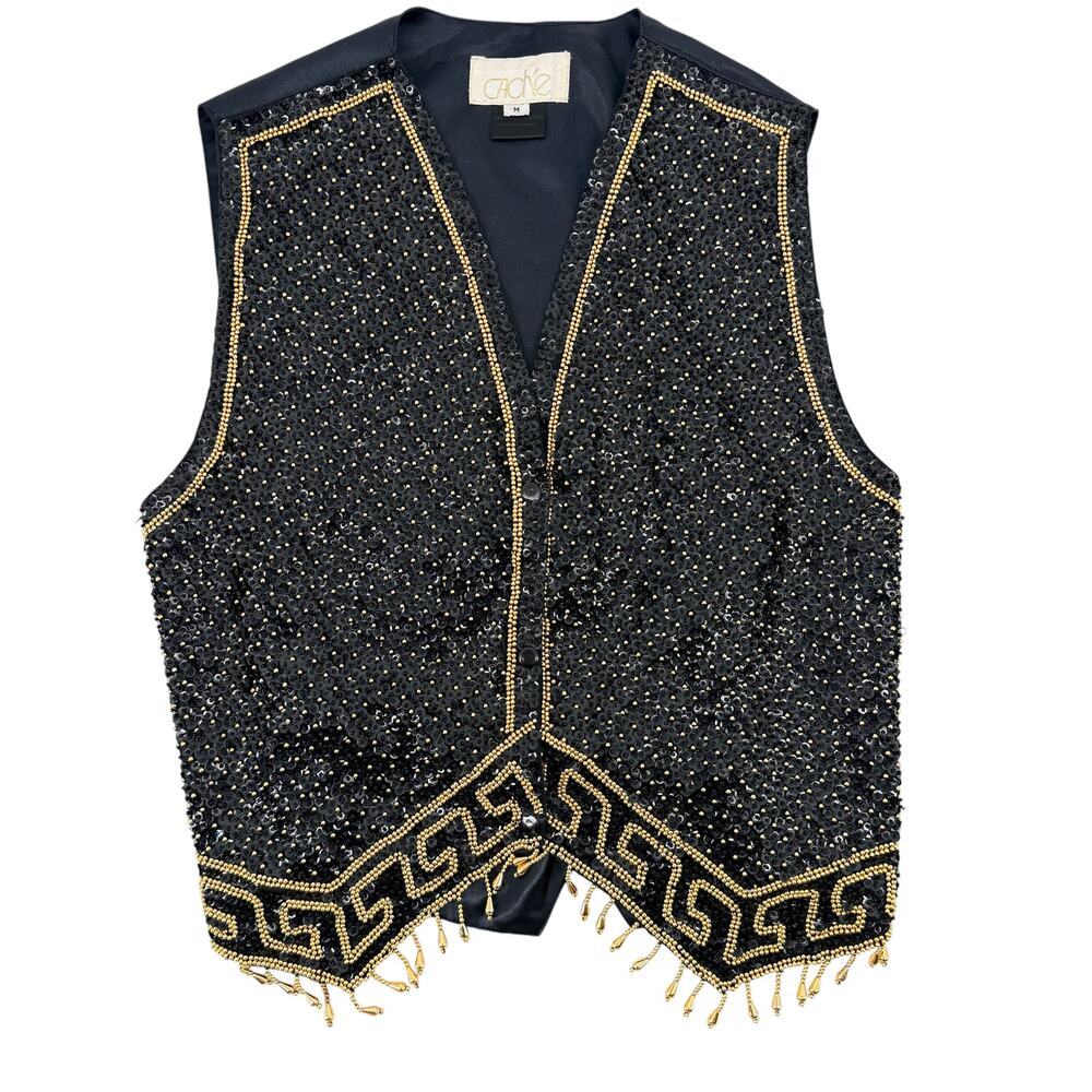 Vtg 90s Cache Beaded Sequin Vest Womens Sz M Black Gold Fringe Evening Party Top